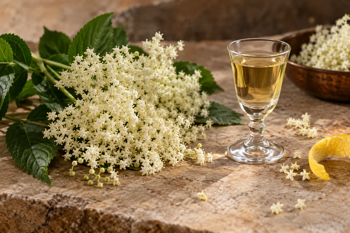 White elderflower clusters beside a pale-gold elderflower liqueur sample