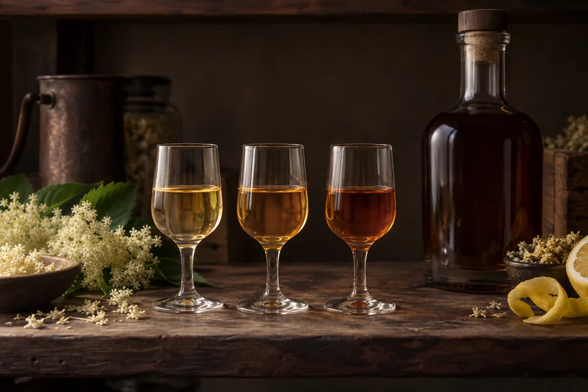 Three elderflower liqueur samples progressing from pale gold to deeper amber beside a shaded bottle