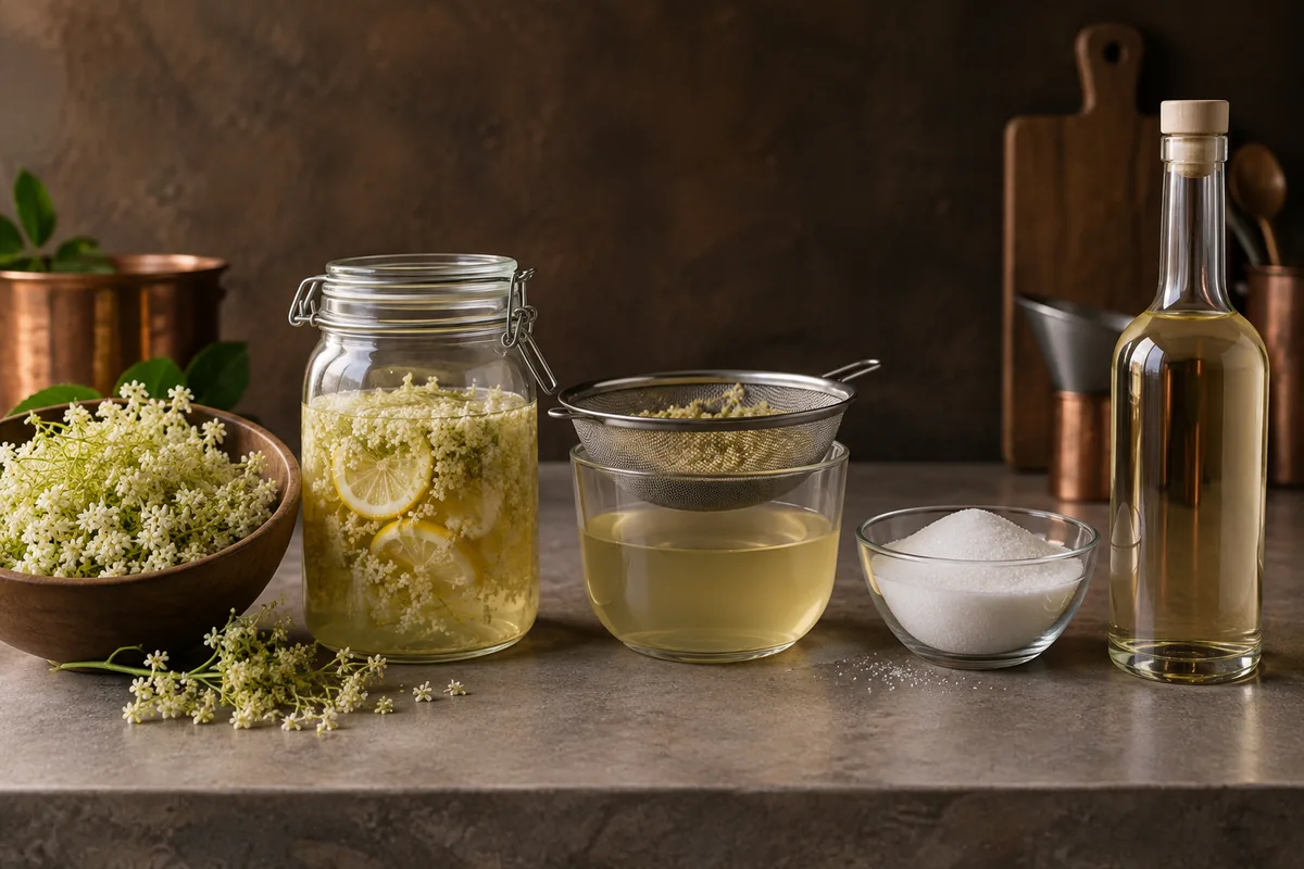 Fresh elderflowers, pale infusion, filtered concentrate, sugar, and spirit arranged in sequence