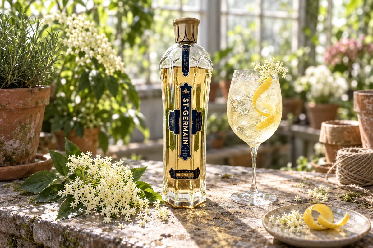 St-Germain elderflower liqueur bottle beside elderflowers and a spritz in a conservatory