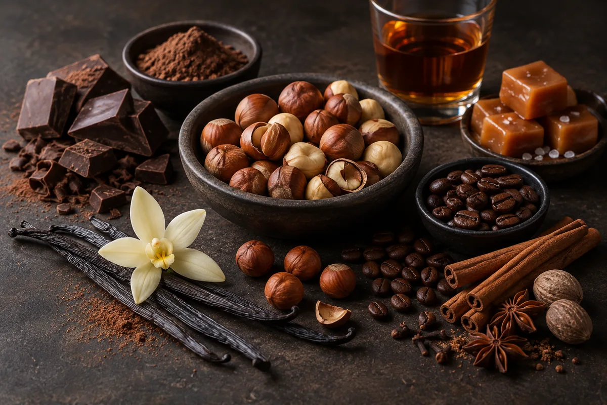 Hazelnuts arranged with cocoa, vanilla, coffee beans, caramel, and warm spices