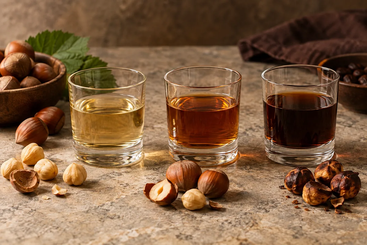 Pale gold, amber, and dark brown hazelnut liqueur samples beside hazelnuts