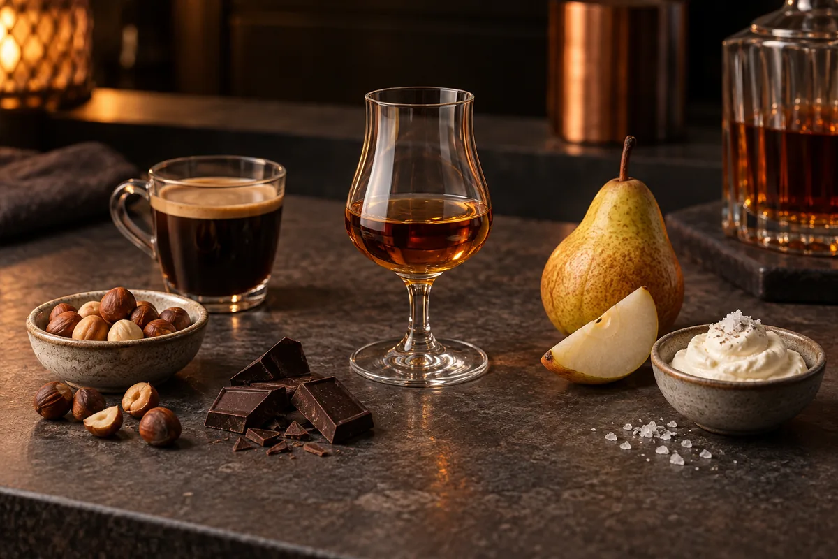 Measured hazelnut liqueur with coffee, dark chocolate, pear, aged spirit, and salted cream