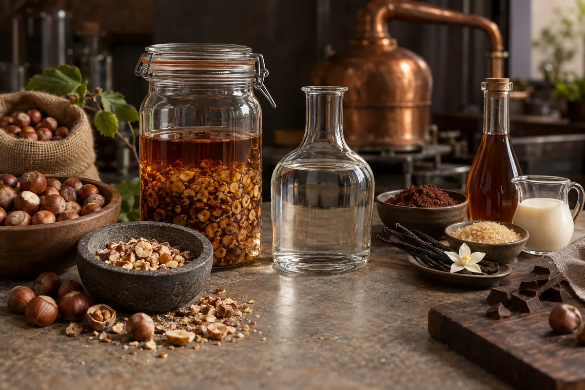 Roasted crushed hazelnuts, amber infusion, clear distillate, cocoa, vanilla, and sugar arranged as stages