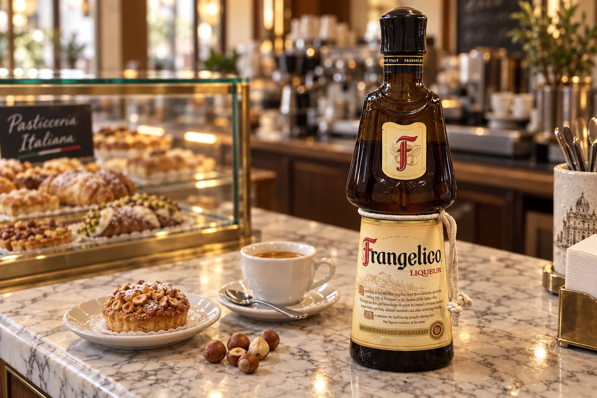 Frangelico hazelnut liqueur bottle beside espresso, pastry, and whole hazelnuts