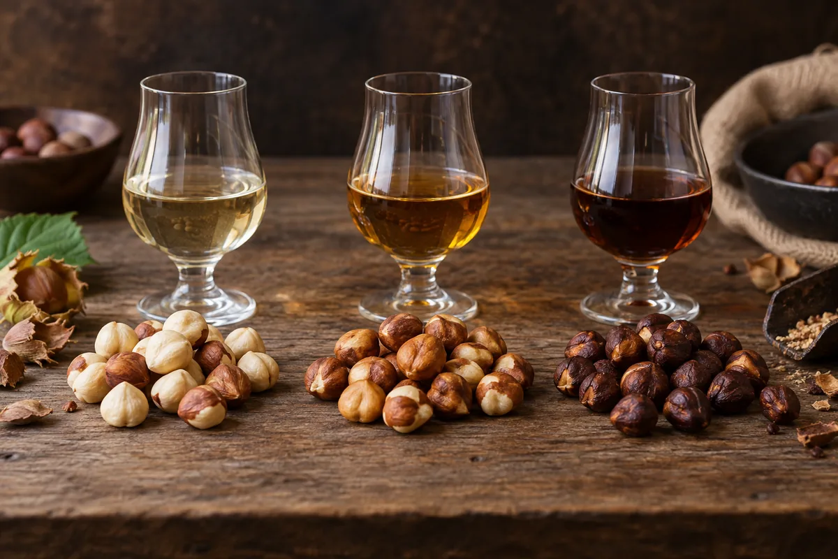 Hazelnuts progressing from raw through golden roast to dark roast beside matching liqueur samples