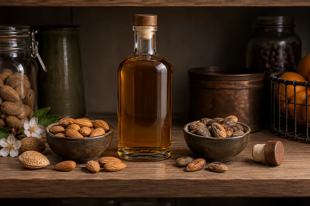 Hazelnut liqueur bottle stored upright beside a clean closure and separate fresh and oxidized nut samples