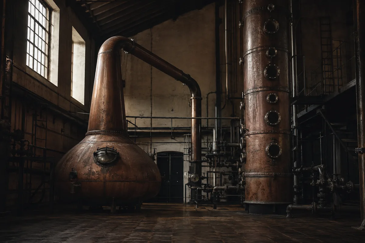 A squat copper pot still with a swan neck standing beside a tall narrow column still in a tiled distillery hall.