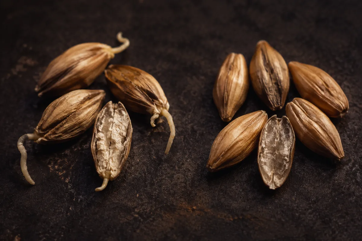 Barley corns in two groups on dark slate: the left group sprouting pale rootlets with one split open showing a chalky interior, the right group smooth with no rootlets and a glassy interior.