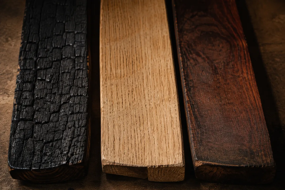 Three oak barrel staves lying side by side: one with a black cracked charred surface, one with pale open uncharred grain, and one stained dark by a previous fill.
