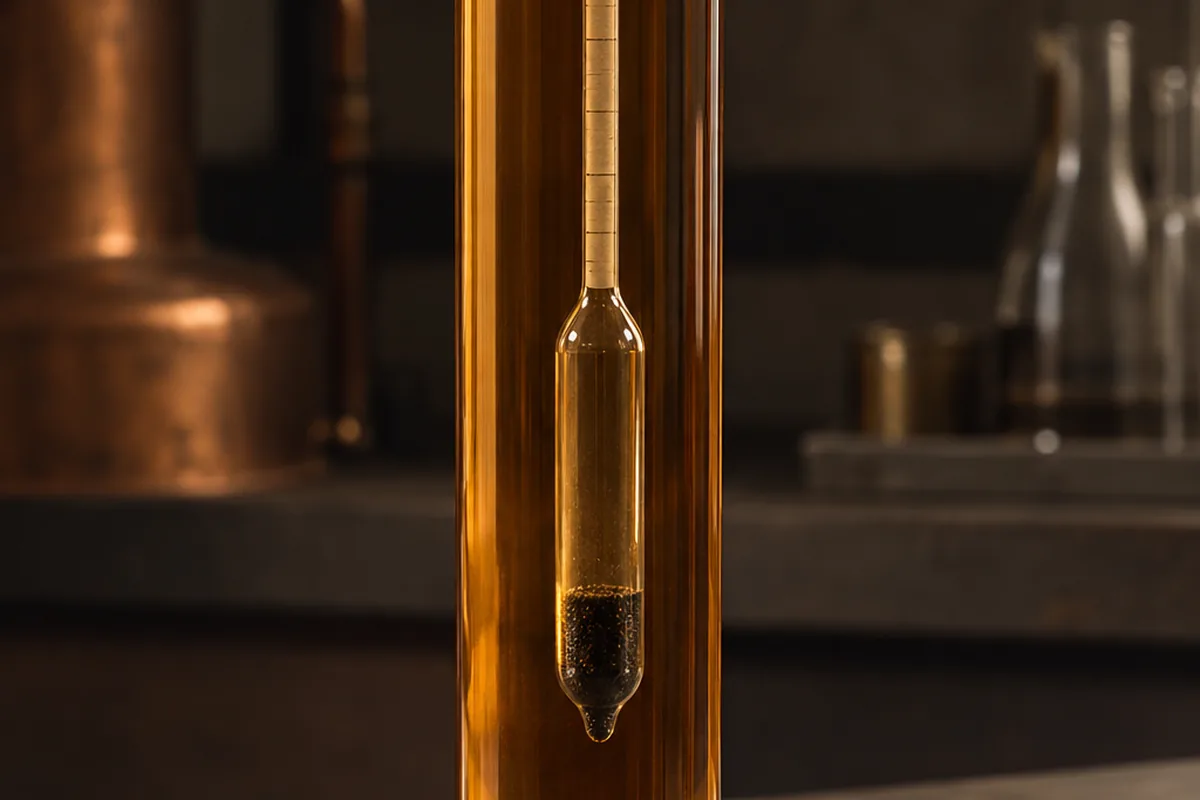 A glass hydrometer floating in a tall clear cylinder of amber whiskey with a copper still behind it
