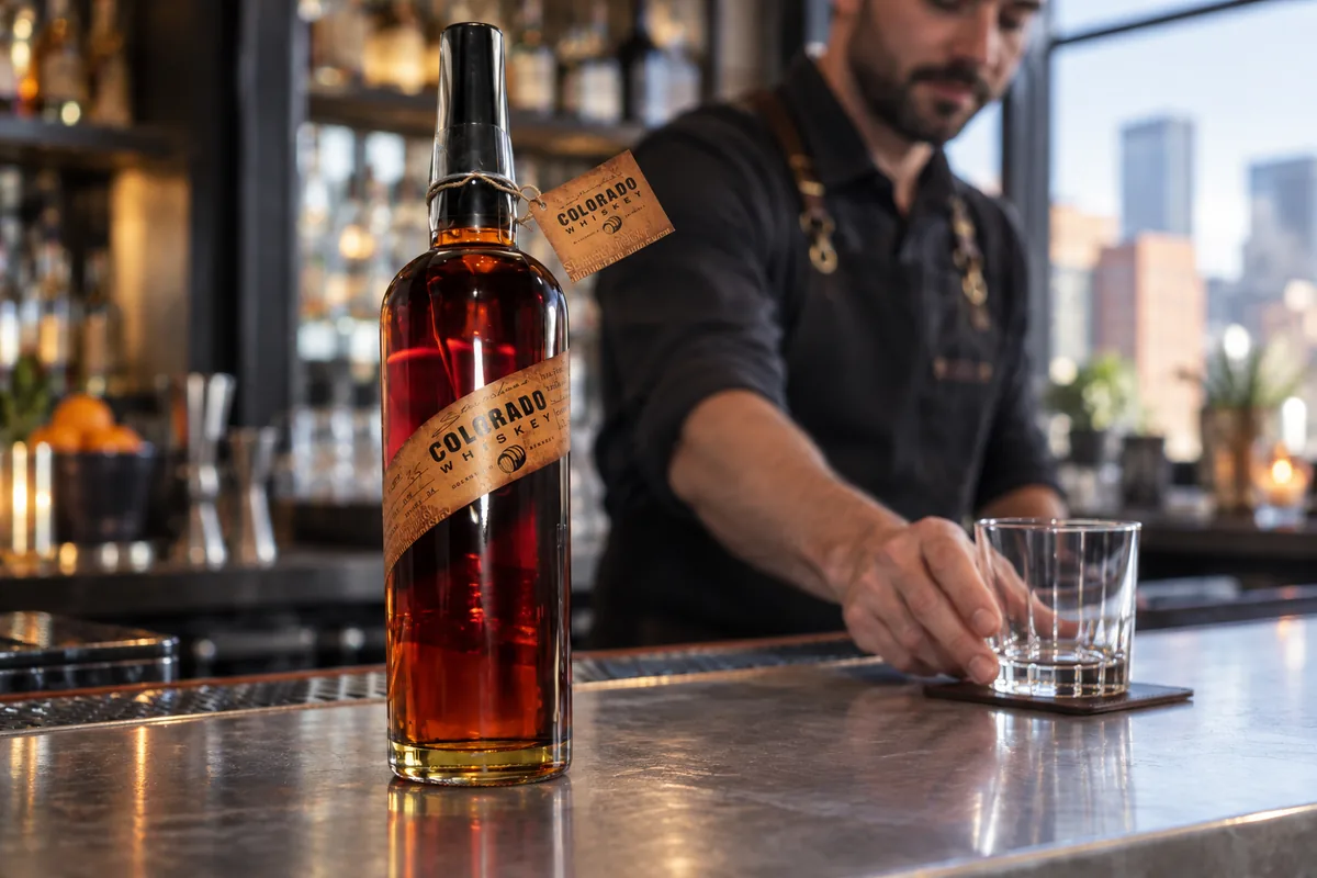 Stranahan's Colorado Whiskey bottle at a Denver bar while an adult bartender places an empty rocks glass