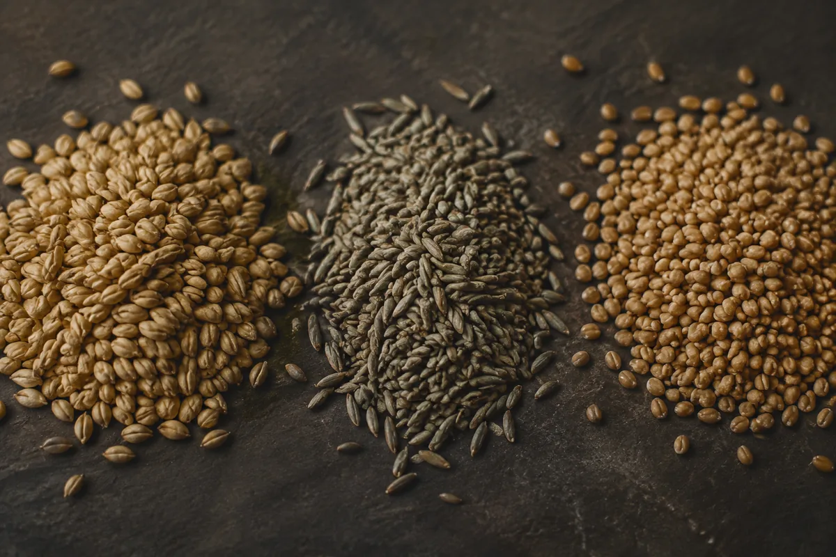 Three heaps of raw grain in a row on dark slate: plump pale barley on the left, slender grey green rye in the middle, smaller rounded wheat on the right.
