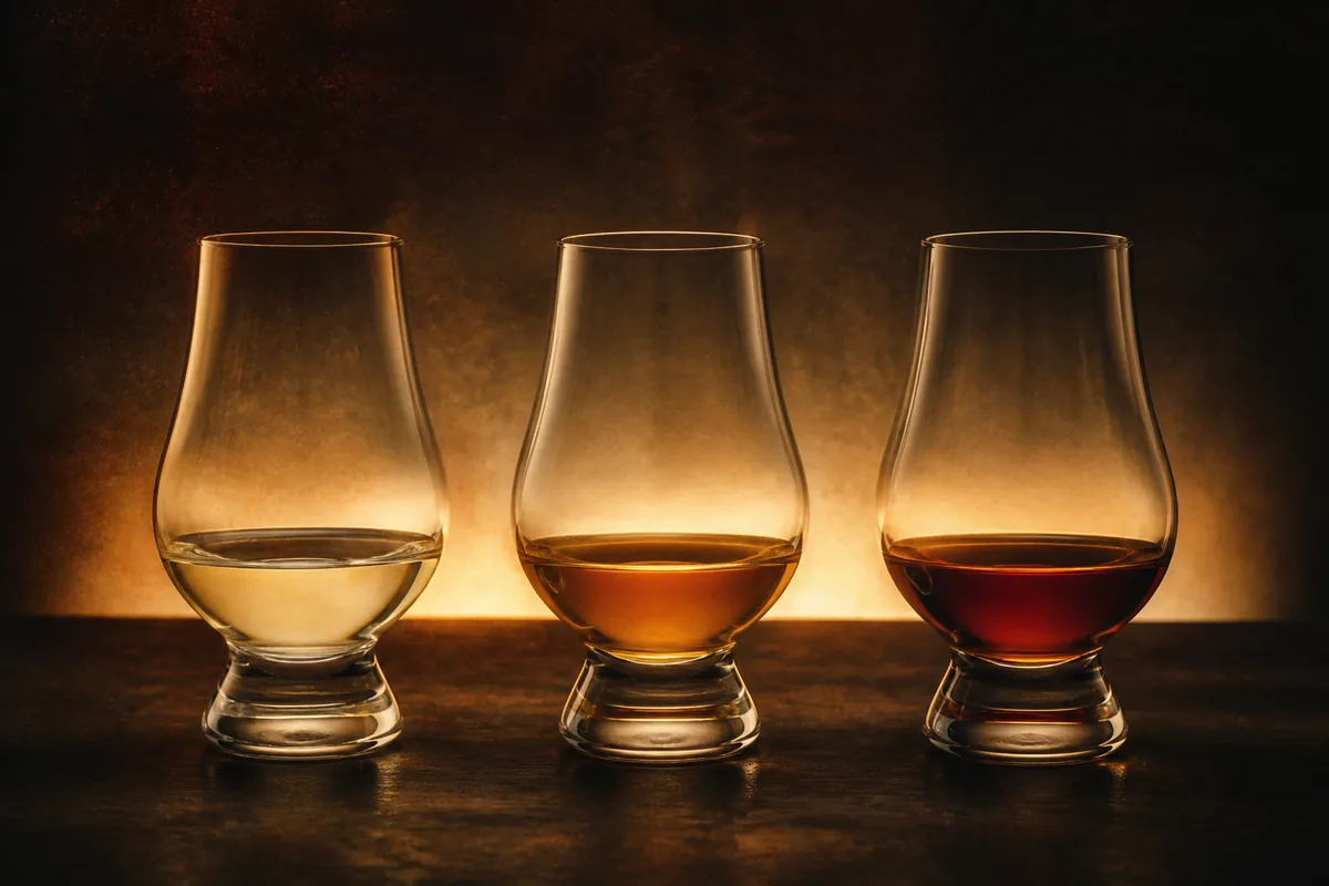 Three tulip whisky glasses backlit in a row on a dark bench, the left pale straw, the middle mid amber, the right deep russet.