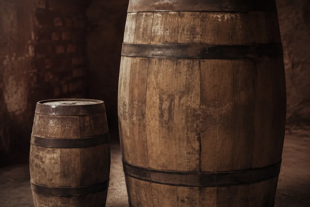 A small cask standing on a cellar floor beside a full size whisky barrel more than twice its height, both bare oak bound with dark iron hoops.