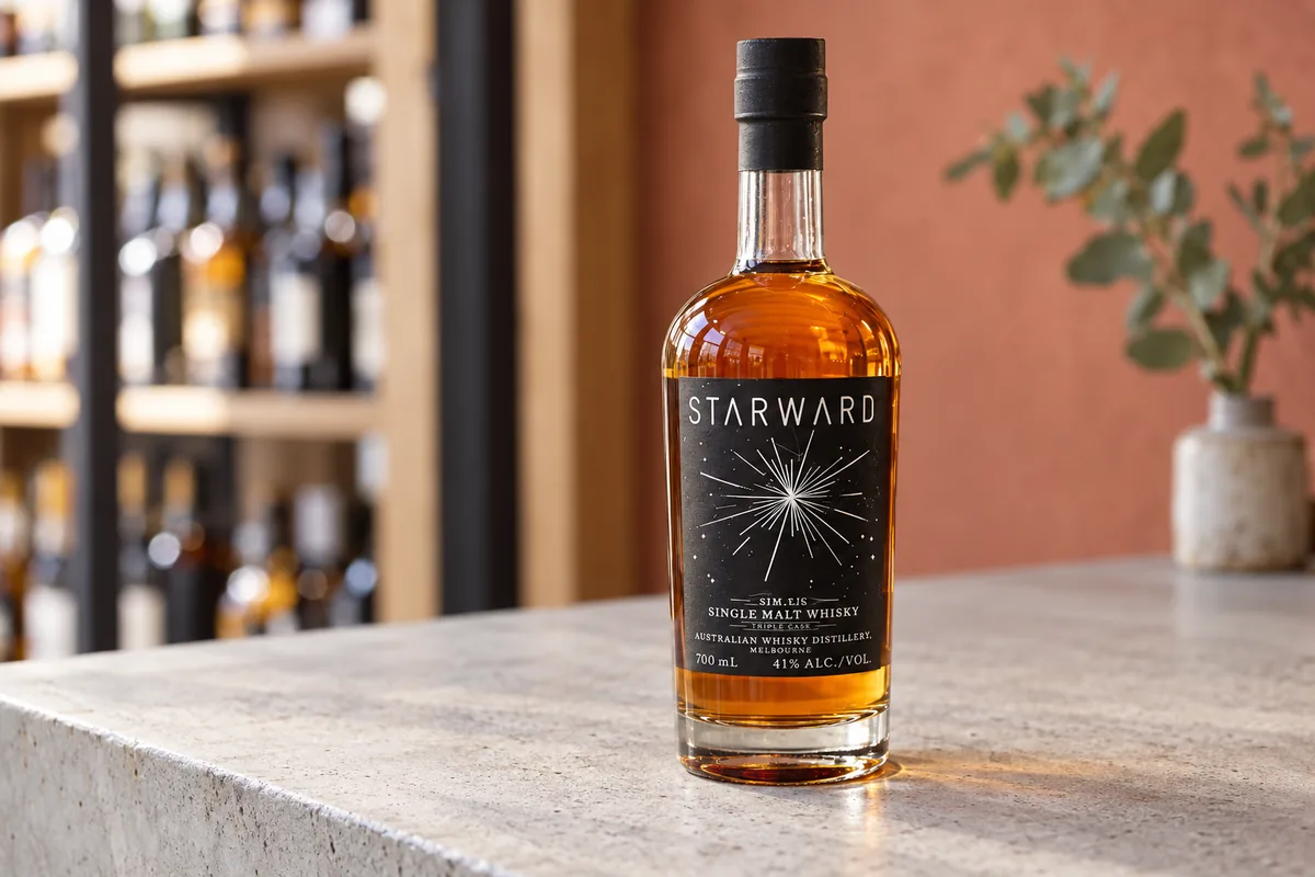 Starward single malt whisky bottle on a pale concrete bottle-shop counter.