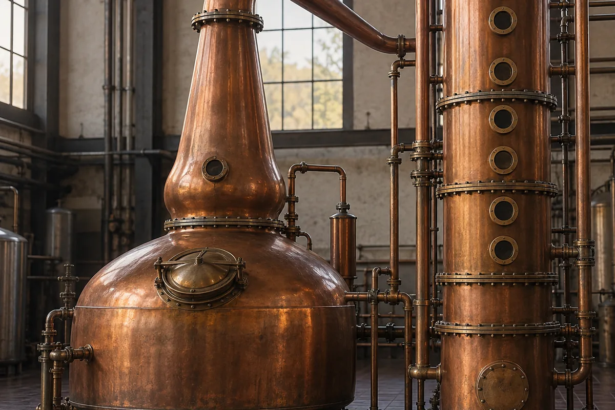 A squat copper pot still standing beside a tall narrow column still in the same distillery hall, both plumbed and in use