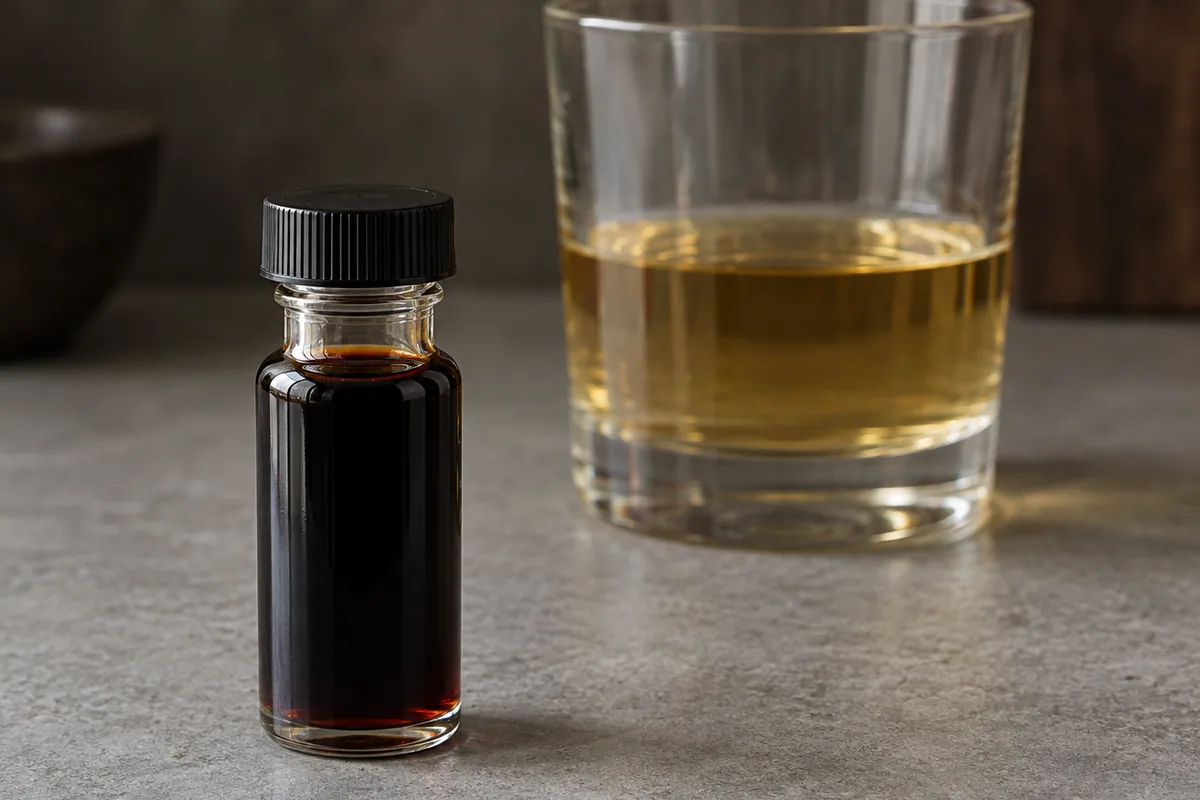 A small glass vial of near black caramel colouring standing beside a glass of pale rum on a grey worktop