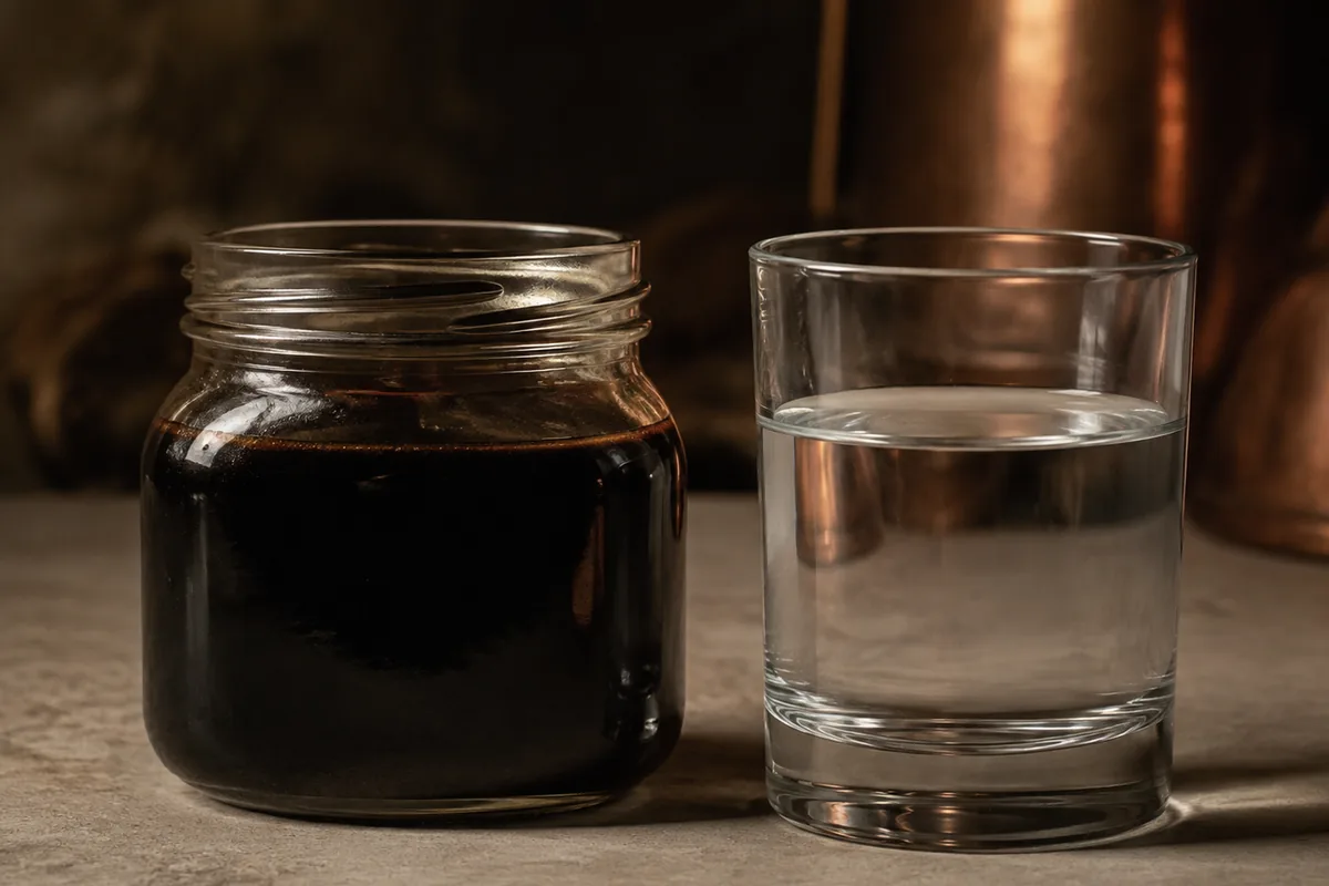 A jar of near black molasses beside a glass of water clear new rum, lit from behind so the light passes through the spirit and stops at the molasses.