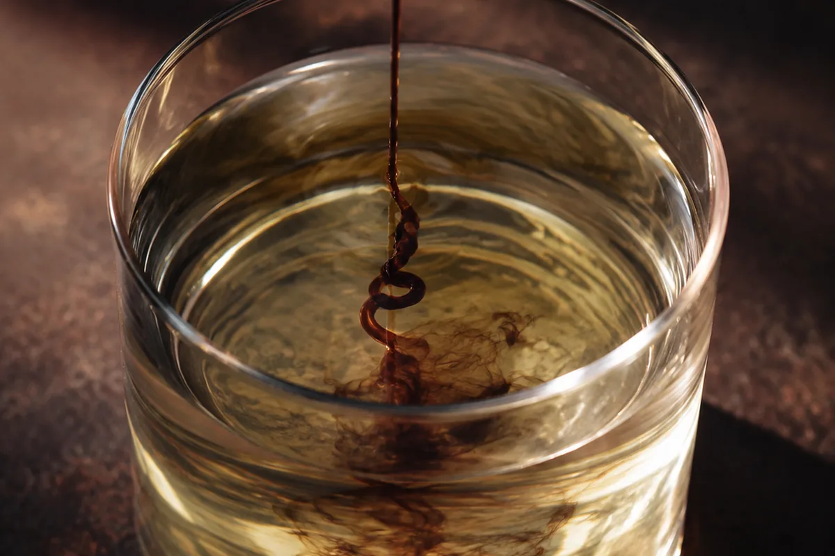 A thin dark ribbon of caramel colouring coiling down through a glass of pale straw coloured rum, still sharply separate before it disperses.