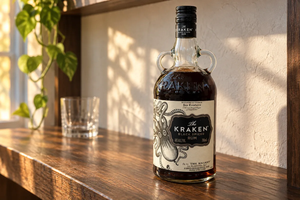 The Kraken Black Spiced Rum bottle on a sunlit home-bar shelf.