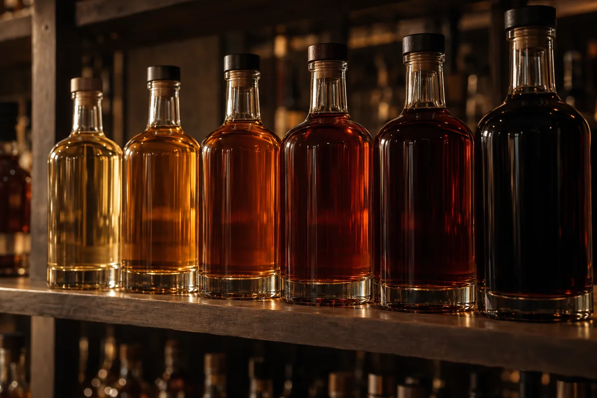 A retail shelf of unlabelled rum bottles in shades from pale amber through to near black under shop lighting