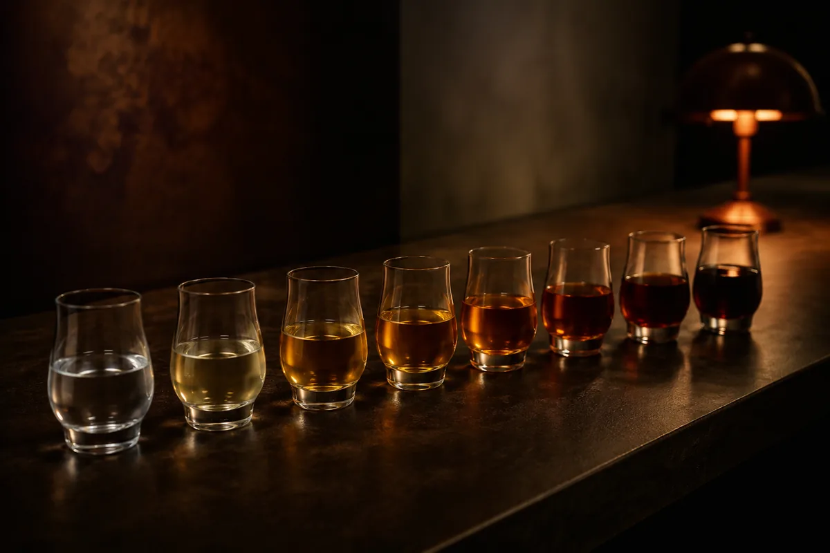 Eight identical small sample glasses in a line along a dark counter photographed low along the row, the first water clear and each one after it a step darker until the last is deep amber and almost opaque, a single lamp at the far end.