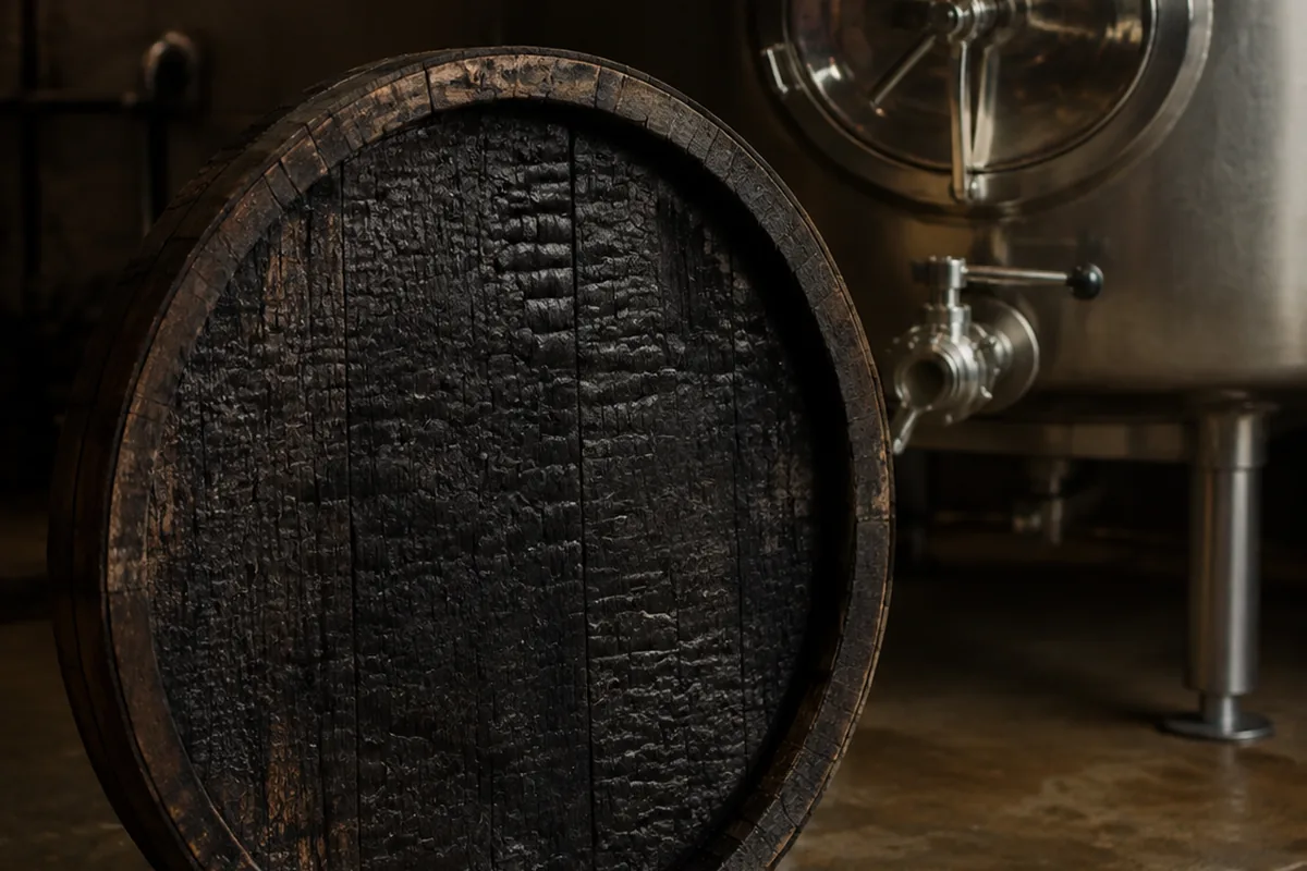 A charred oak barrel head standing upright in the foreground with its blistered black inner face toward the camera, and the polished steel valve of a stainless tank sharp behind it, on a painted concrete floor cut by a drainage channel.
