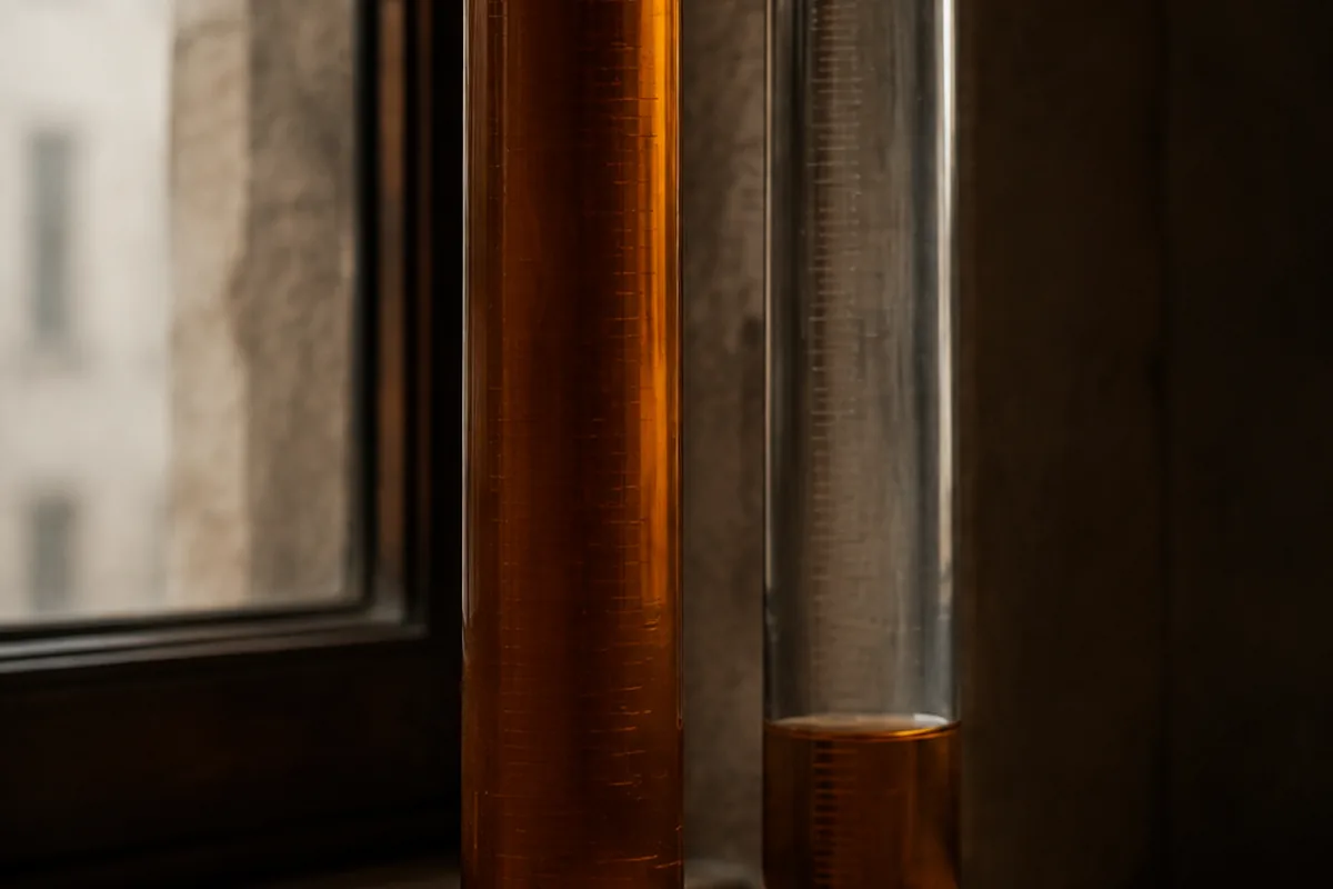 Two tall graduated glass cylinders standing side by side on a windowsill in dim daylight, the left one amber almost to the top and the right one holding a shallow amber layer at the bottom beneath a tall column of clear spirit, with a sharp line where the two meet.