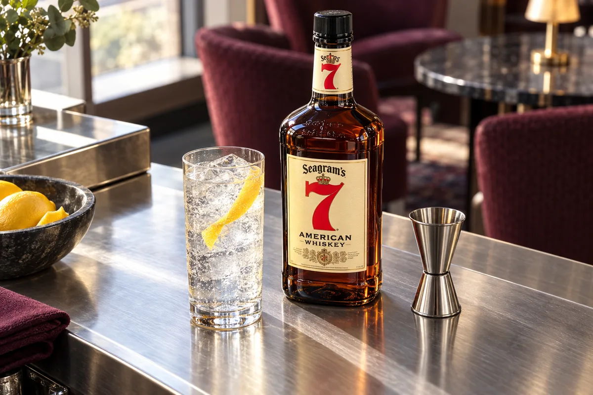 Seagram's 7 Crown blended American whiskey bottle beside a soda highball and metal jigger