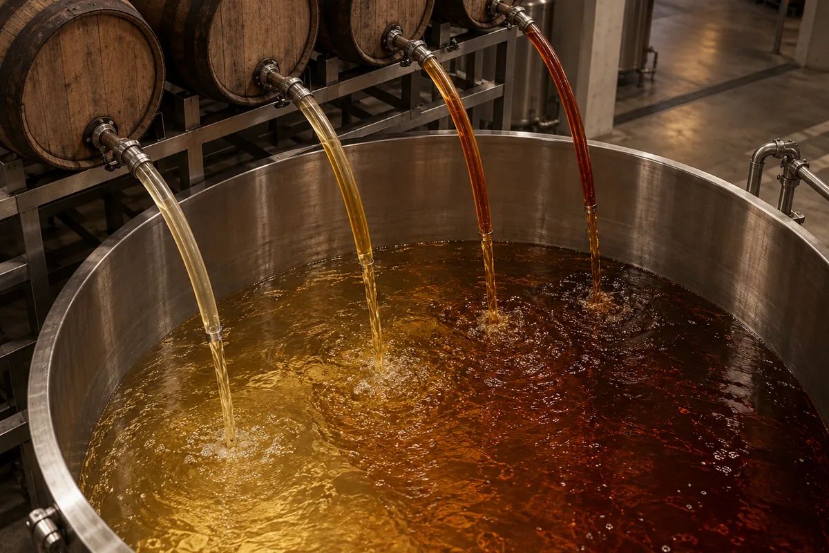 Several oak casks emptying through hoses into one large open vatting tun, the spirit in each hose a different depth of colour