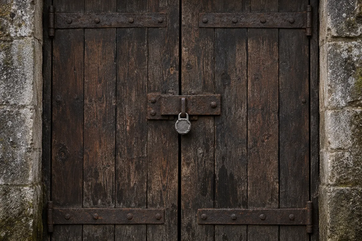 A heavy warehouse door closed on a hasp with a plain lead customs seal crimped through it, the stone doorway around it damp and unmarked