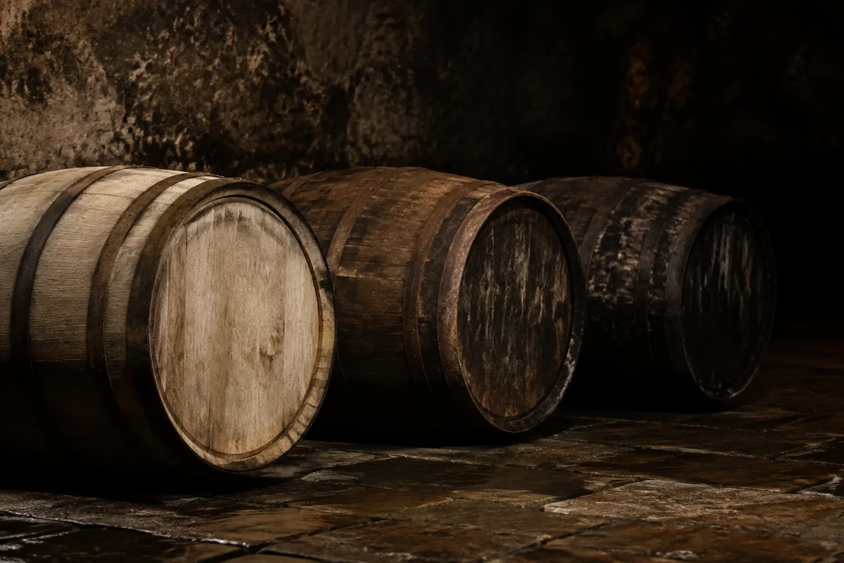 Three oak casks of visibly different ages lying on their sides on a damp stone floor in a dark warehouse, one pale and clean, one darkened and stained, one almost black, their iron hoops rusted to different degrees.