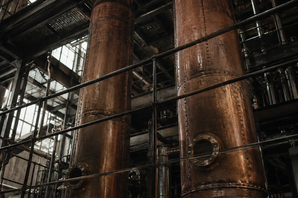 Looking steeply upward at two tall riveted copper columns rising through several floors of a working distillery, steel walkways and handrails crossing the frame at each level, daylight from high windows behind them.
