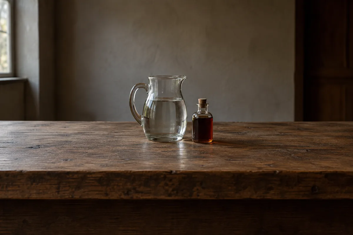 A wide empty wooden bench holding only a glass jug of clear water and a small stoppered bottle of dark caramel colouring, with bare space on either side
