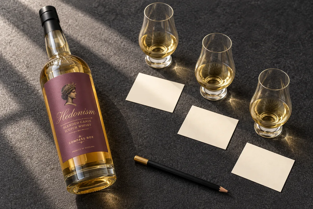Compass Box Hedonism blended grain Scotch bottle beside three tasting glasses and blank cards