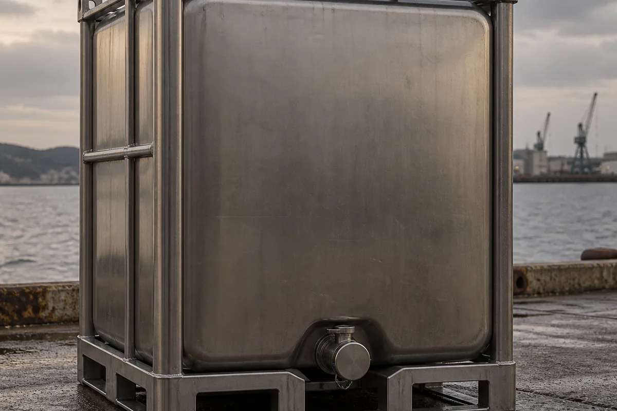 A sealed stainless steel bulk container standing on a quayside, its valve capped and its surfaces bare