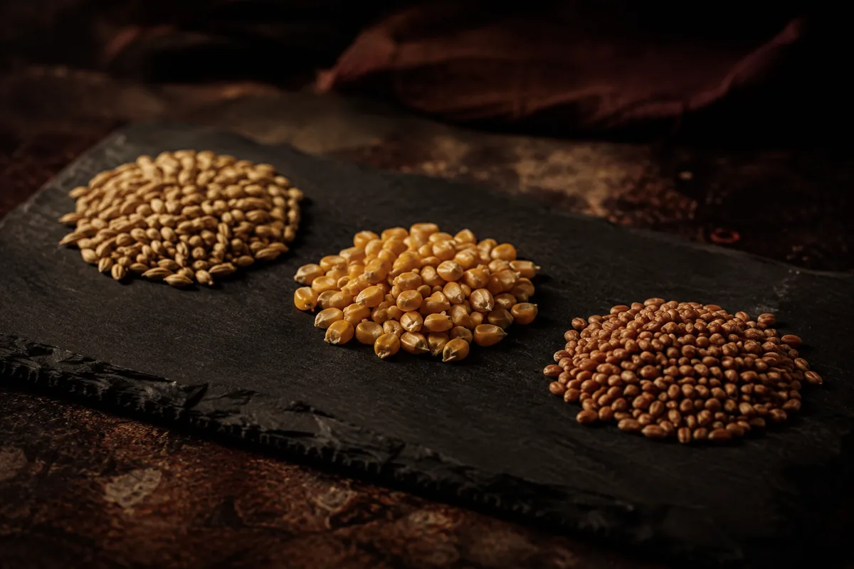 Three small separate heaps of cereal grain on a dark slate slab, pale gold malted barley, flat yellow maize kernels and small russet wheat grains, each heap a different colour and shape under low raking light.