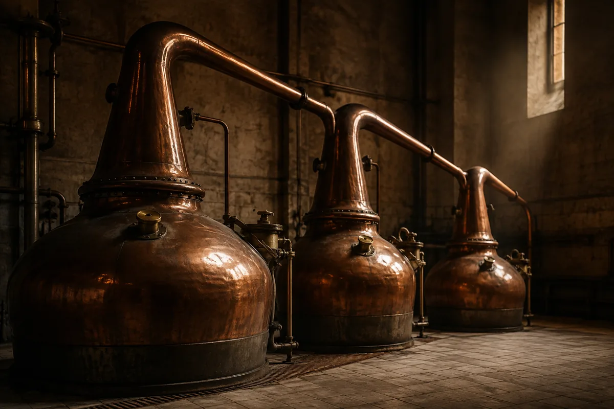 Three copper pot stills of decreasing size standing in a row in a tall distillery hall with a pale tiled floor, their swan necks curving away one after another, daylight falling from a high window at the far end.