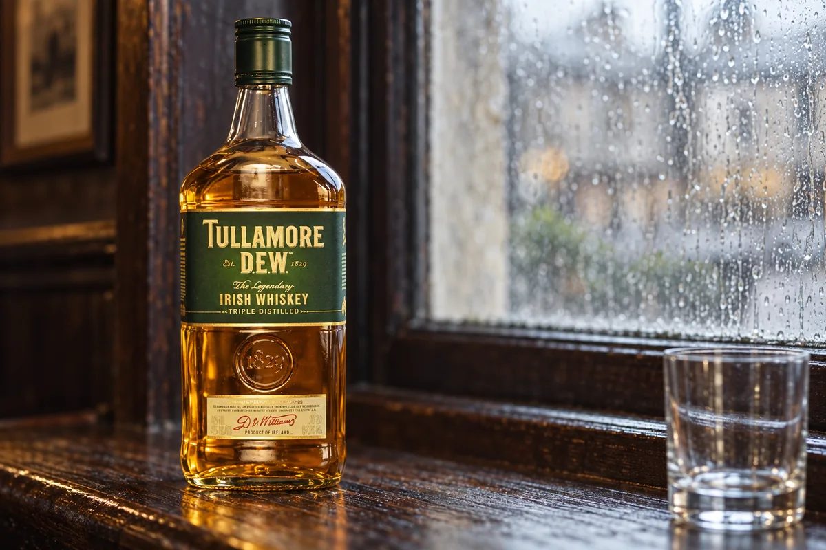 Tullamore D.E.W. Irish Whiskey bottle on a rainy pub window ledge.