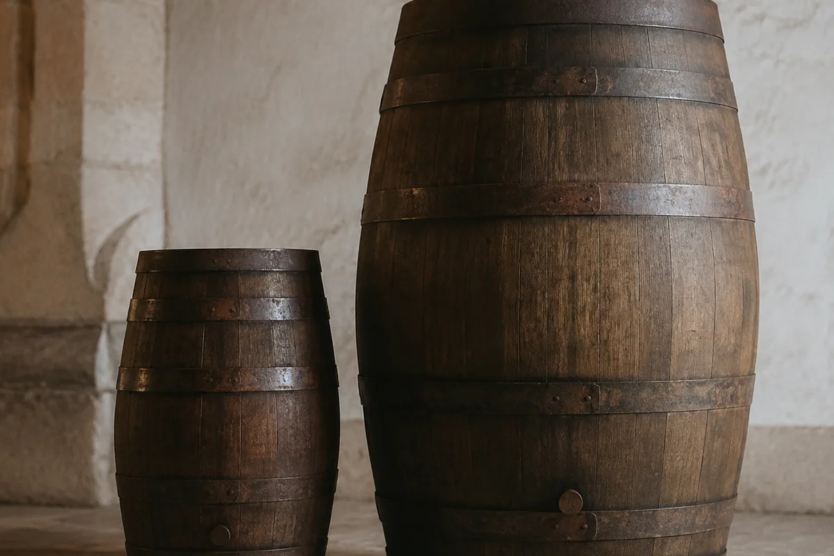 A small upright oak cask standing beside a much larger one on the flagstone floor of a dim warehouse, the difference in height and girth clear between them.