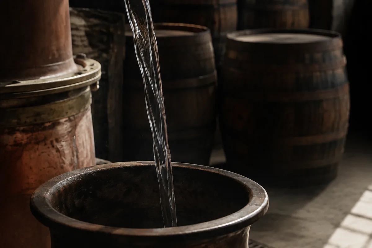 Colourless new make malt spirit running in a bright stream into a wide open vessel on a distillery floor, with oak casks standing behind it in the shadow.