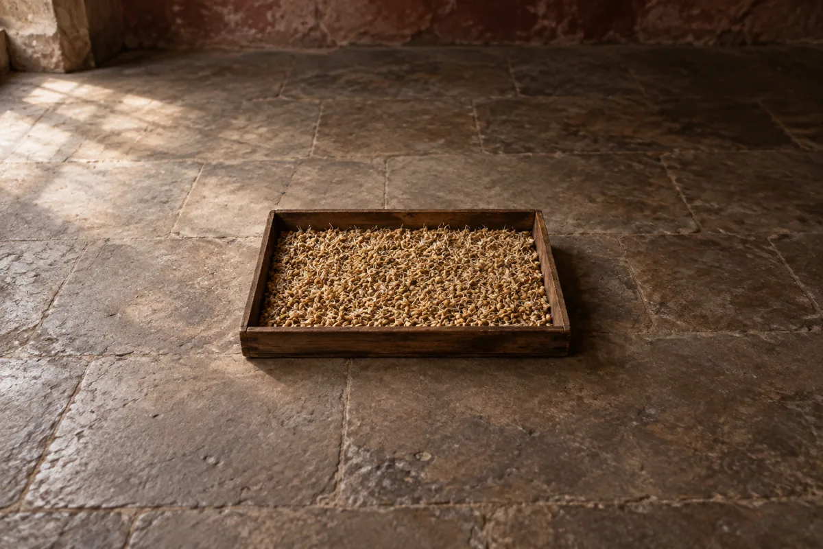 A single shallow tray of malted barley with fine pale rootlets on the corns, standing alone on a wide bare floor with nothing else in the frame
