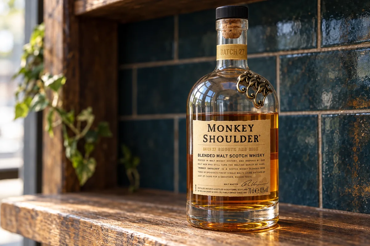 Monkey Shoulder blended malt Scotch whisky bottle on a tiled shop shelf.