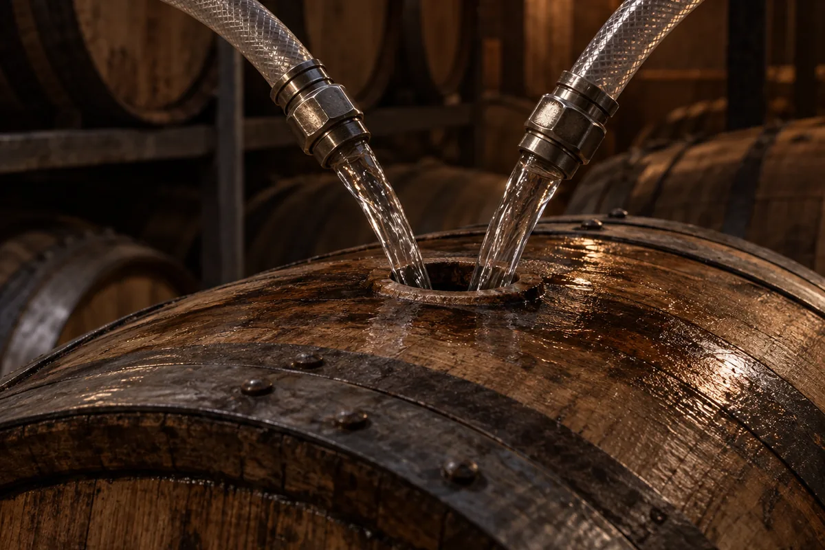 Two filling hoses running clear spirit into the open bunghole of one cask on a filling store rack