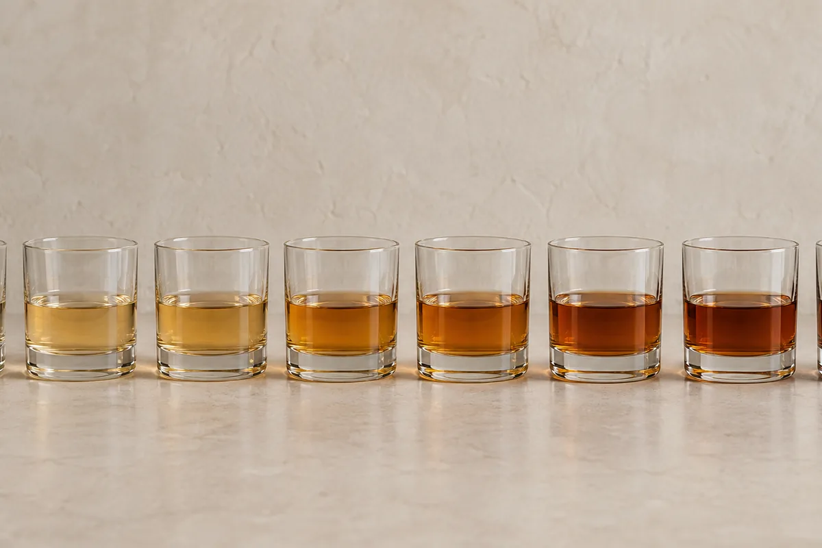 A row of identical glasses of whisky running from very pale straw at one end to deep chestnut at the other, in even steps