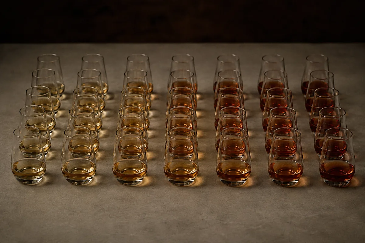 Many small whisky samples in identical glasses arranged in rows on a pale surface, each one a slightly different depth of colour from the next.