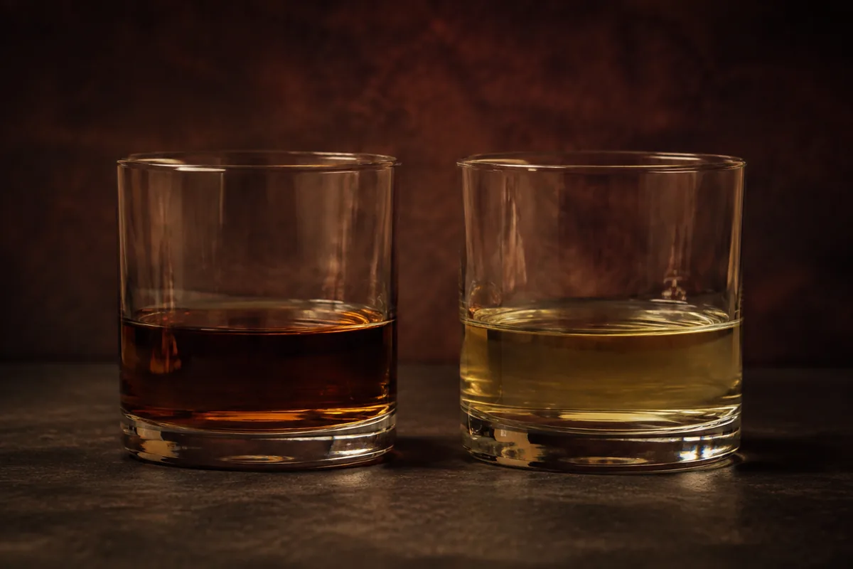Two glasses of whisky standing side by side on a plain dark surface, one noticeably darker than the other, with nothing else in the frame.