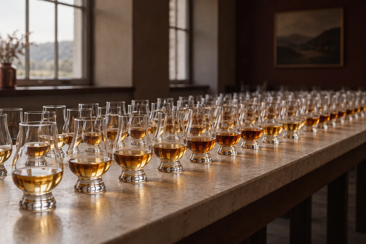 Dozens of small tulip nosing glasses holding whisky at slightly different depths of colour, set out in rows across a long bench