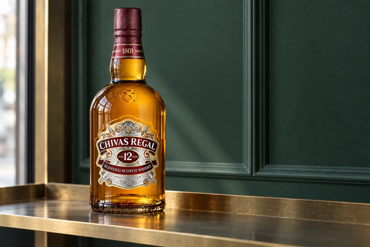 Chivas Regal 12 blended Scotch whisky bottle on a brass-edged shop shelf.